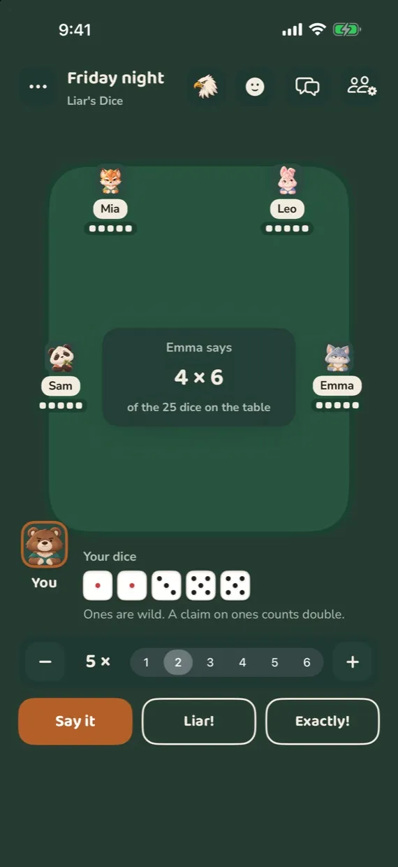 Liar's Dice: five friends round the table and your own dice
